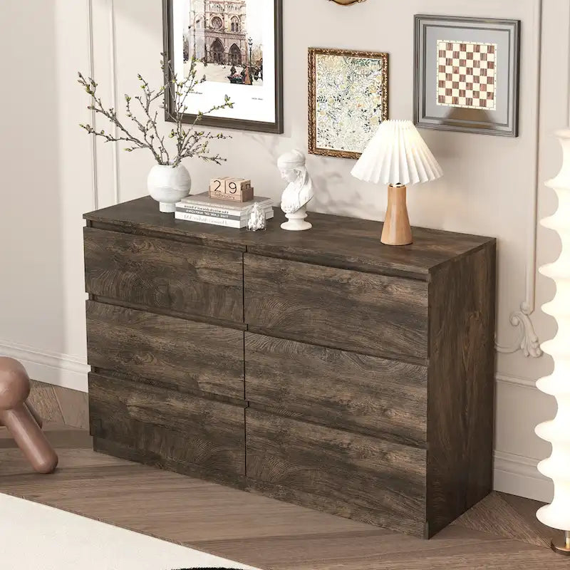 Commode 6 tiroirs à bords arrondis – Marron / Gris / Gris foncé, surface anti-rayures