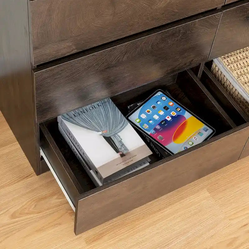 Commode 6 tiroirs à bords arrondis – Marron / Gris / Gris foncé, surface anti-rayures