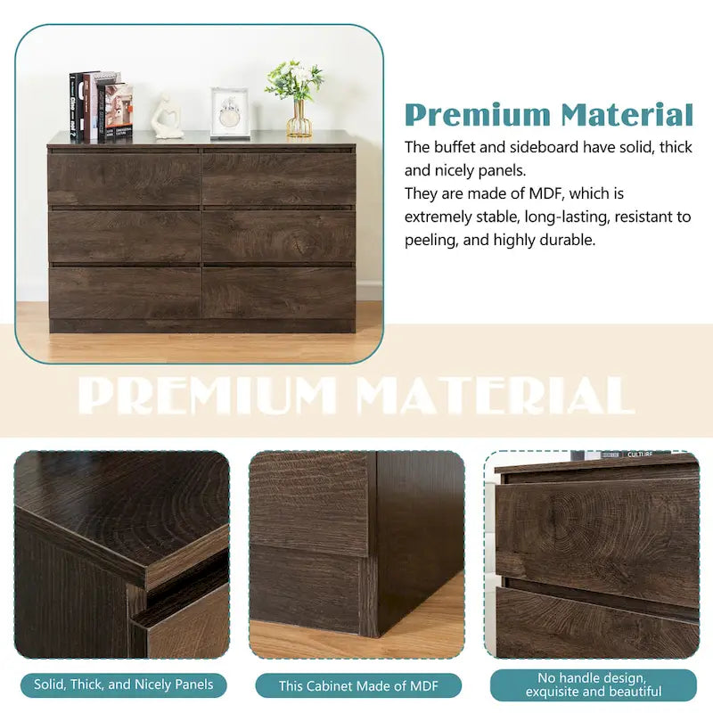 Commode 6 tiroirs à bords arrondis – Marron / Gris / Gris foncé, surface anti-rayures