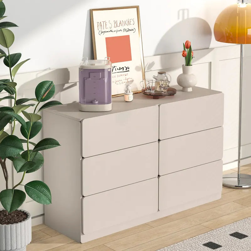 Commode 6 tiroirs à bords arrondis – Marron / Gris / Gris foncé, surface anti-rayures