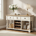 Console en pin recyclé avec casier à vin et 3 tiroirs – Blanc craie et plateau naturel, style campagne