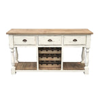 Console en pin recyclé avec casier à vin et 3 tiroirs – Blanc craie et plateau naturel, style campagne