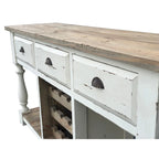 Console en pin recyclé avec casier à vin et 3 tiroirs – Blanc craie et plateau naturel, style campagne