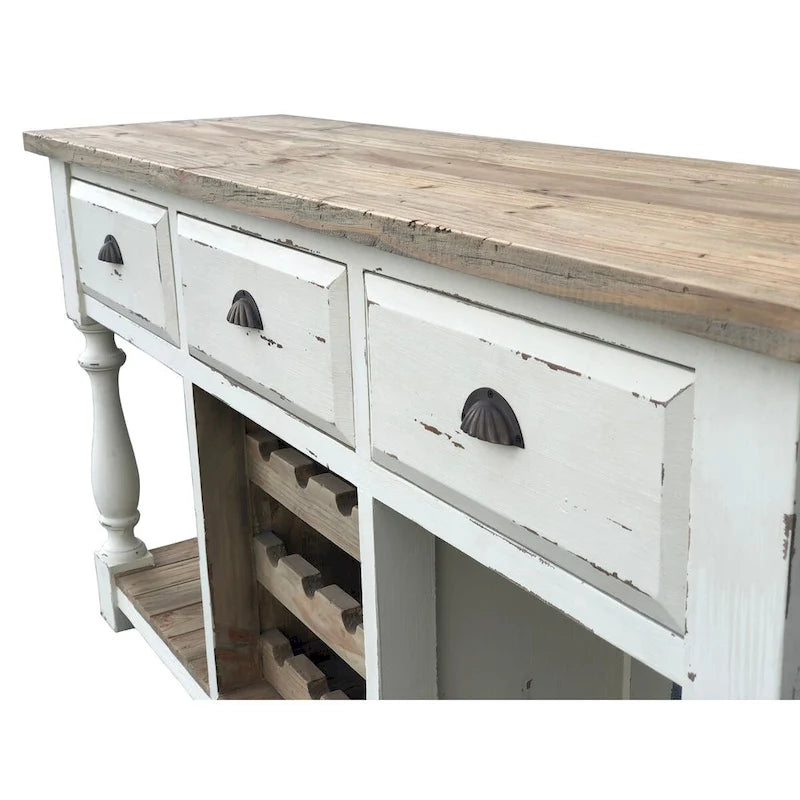 Console en pin recyclé avec casier à vin et 3 tiroirs – Blanc craie et plateau naturel, style campagne