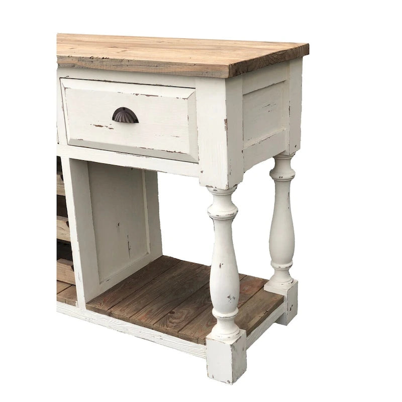 Console en pin recyclé avec casier à vin et 3 tiroirs – Blanc craie et plateau naturel, style campagne
