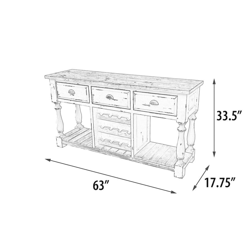 Console en pin recyclé avec casier à vin et 3 tiroirs – Blanc craie et plateau naturel, style campagne