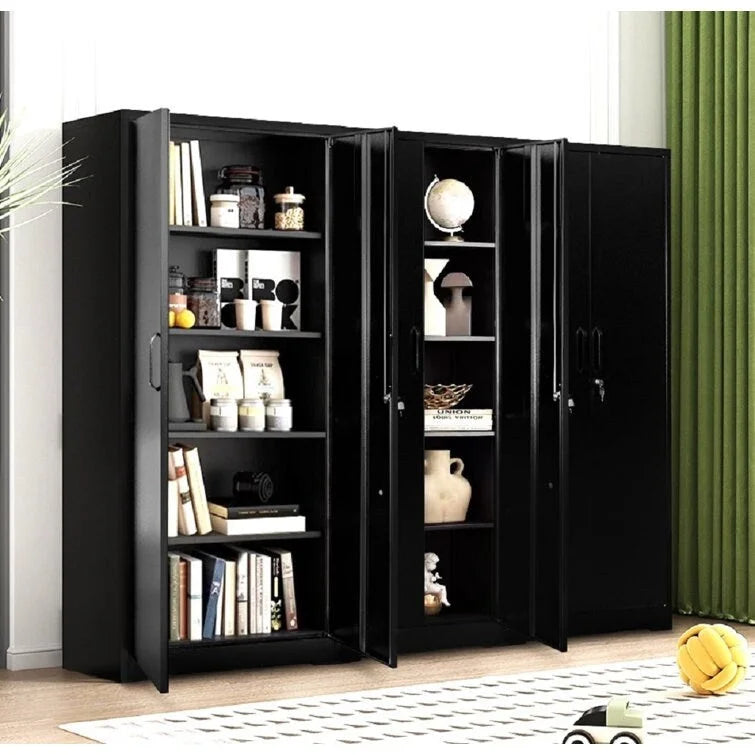 Armoire de rangement métallique à 2 portes verrouillables – Noir / Blanc crème / Gris, 4 étagères réglables, 180 cm de hauteur