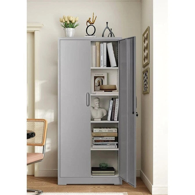 Armoire de rangement métallique à 2 portes verrouillables – Noir / Blanc crème / Gris, 4 étagères réglables, 180 cm de hauteur