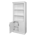 Bibliothèque avec portes Shaker inférieures et panneaux à rainures et languettes – Blanc, finition bois, quincaillerie noire, entièrement assemblée