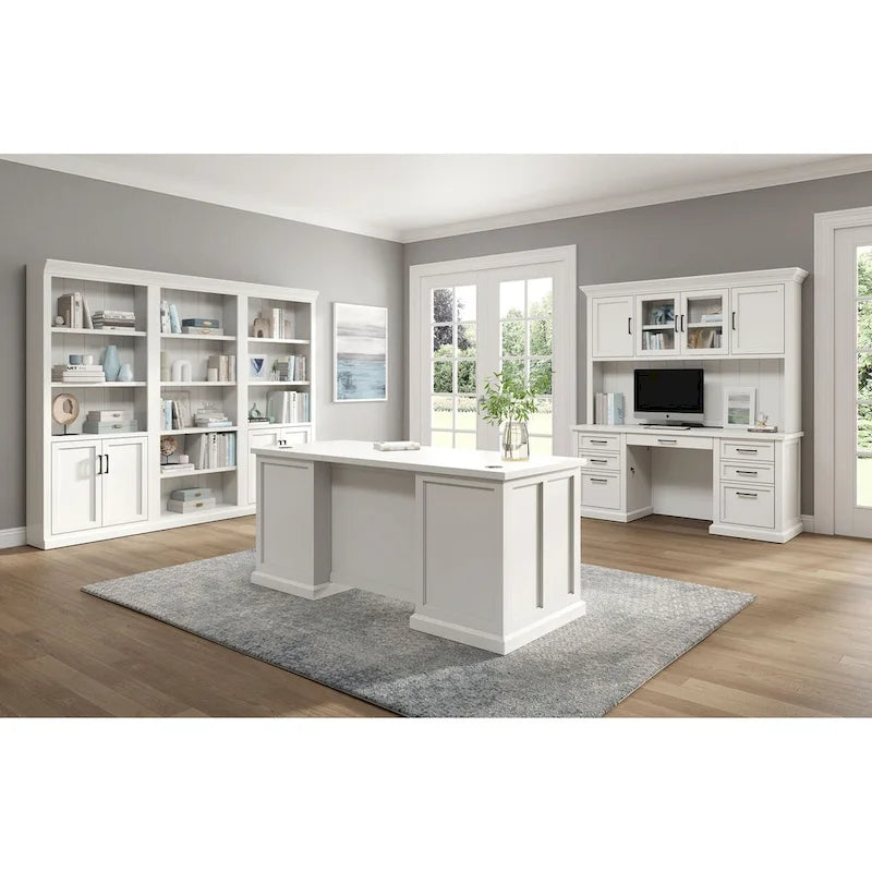 Bibliothèque avec portes Shaker inférieures et panneaux à rainures et languettes – Blanc, finition bois, quincaillerie noire, entièrement assemblée