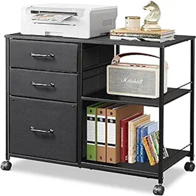 Caisson de classement mobile 3 tiroirs sur roulettes – Noir, finition bois, cadre en acier, roulettes verrouillables