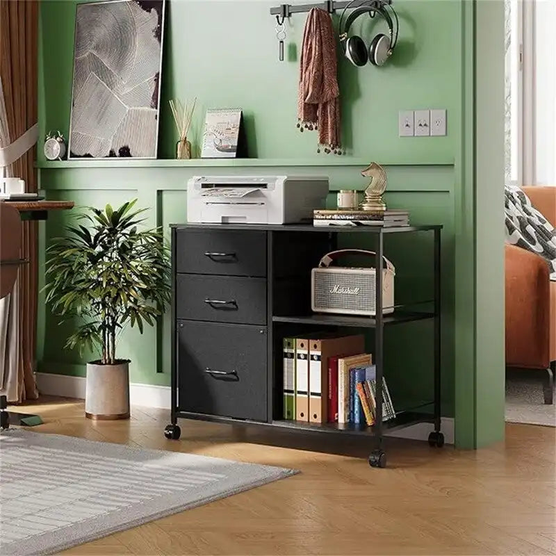 Caisson de classement mobile 3 tiroirs sur roulettes – Noir, finition bois, cadre en acier, roulettes verrouillables