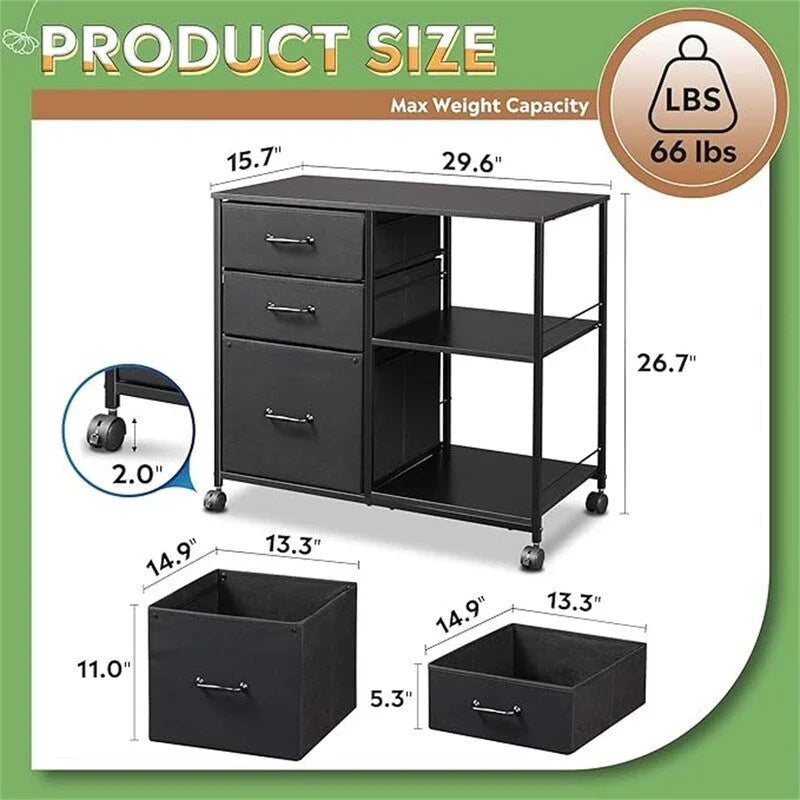 Caisson de classement mobile 3 tiroirs sur roulettes – Noir, finition bois, cadre en acier, roulettes verrouillables