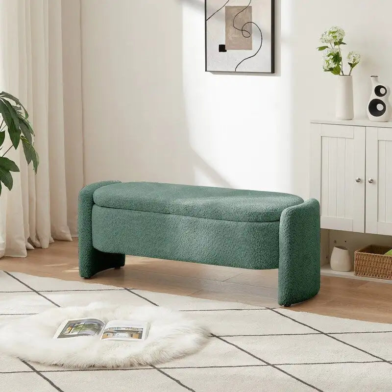 Banc de rangement ovale rembourré – Gris / Vert, polaire d'agneau, 2 places