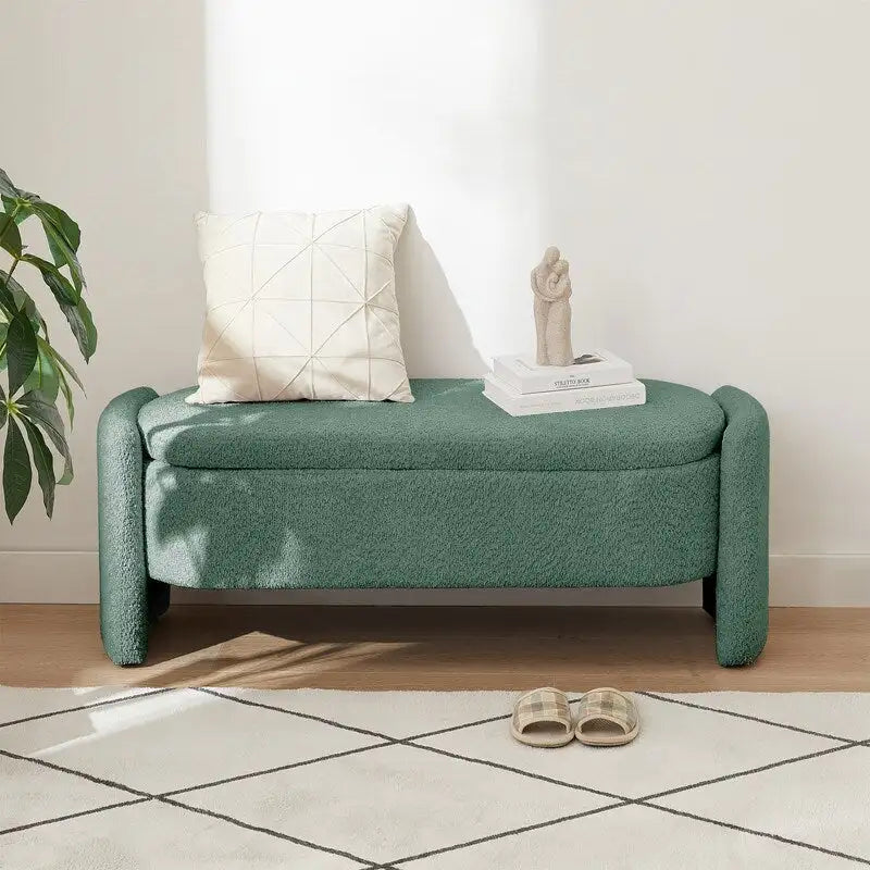 Banc de rangement ovale rembourré – Gris / Vert, polaire d'agneau, 2 places