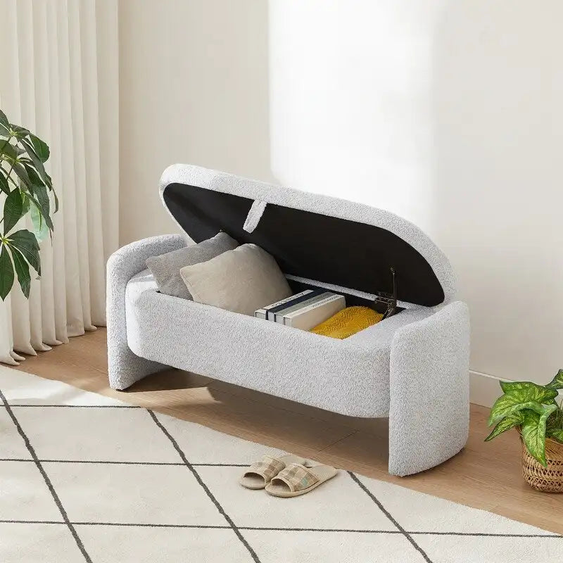 Banc de rangement ovale rembourré – Gris / Vert, polaire d'agneau, 2 places