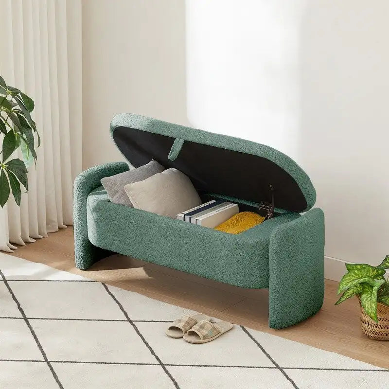Banc de rangement ovale rembourré – Gris / Vert, polaire d'agneau, 2 places