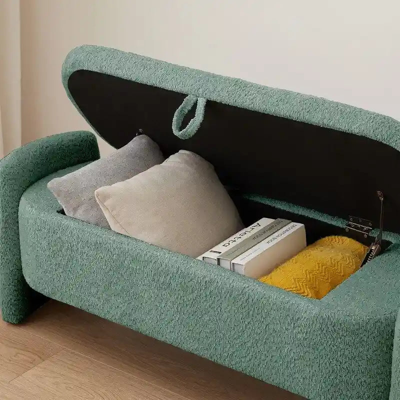 Banc de rangement ovale rembourré – Gris / Vert, polaire d'agneau, 2 places