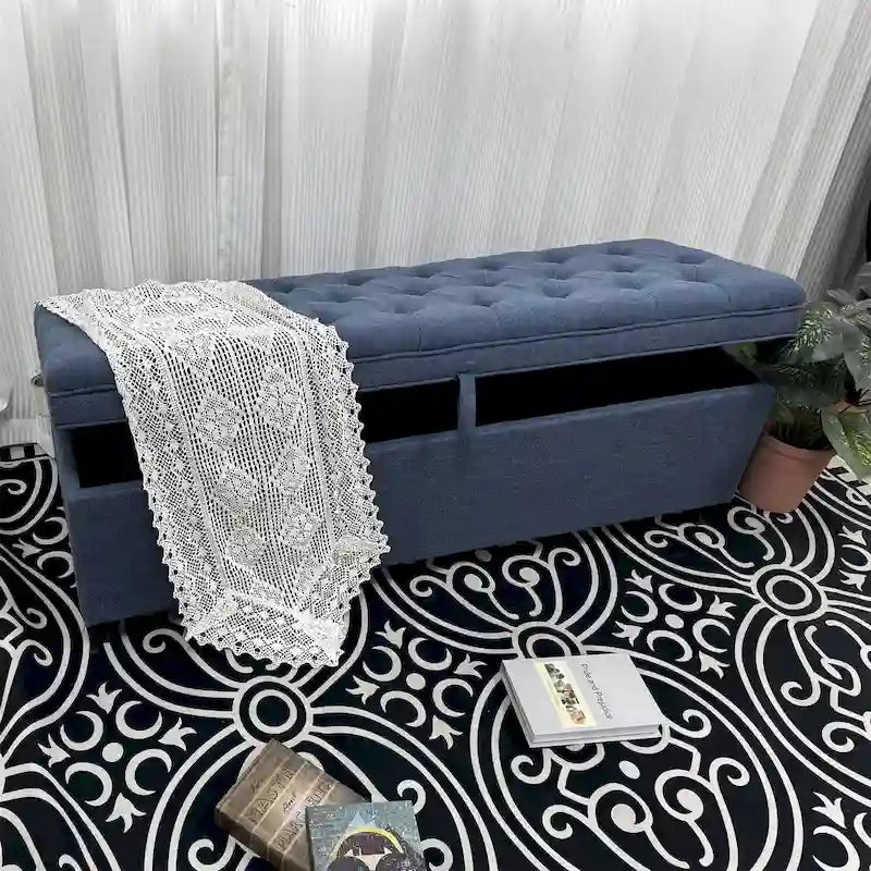 Banc de rangement ottoman à couvercle rabattable – Bleu, lin capitonné, 1 place
