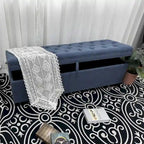 Banc de rangement ottoman à couvercle rabattable – Bleu, lin capitonné, 1 place