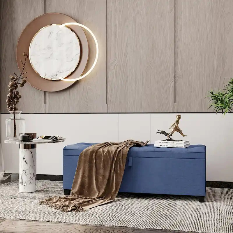 Banc de rangement ottoman à couvercle rabattable – Bleu, lin capitonné, 1 place