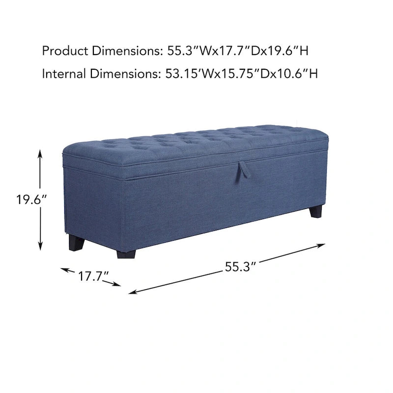 Banc de rangement ottoman à couvercle rabattable – Bleu, lin capitonné, 1 place