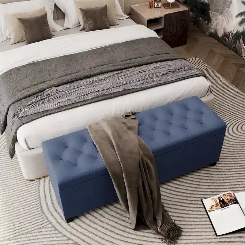 Banc de rangement ottoman à couvercle rabattable – Bleu, lin capitonné, 1 place