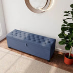 Banc de rangement ottoman à couvercle rabattable – Bleu, lin capitonné, 1 place