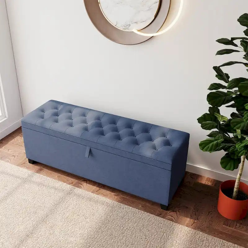 Banc de rangement ottoman à couvercle rabattable – Bleu, lin capitonné, 1 place