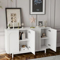 Meuble de rangement Intaglio à 4 portes avec pieds en pin – Blanc, MDF, poignées en bois massif, étagère réglable