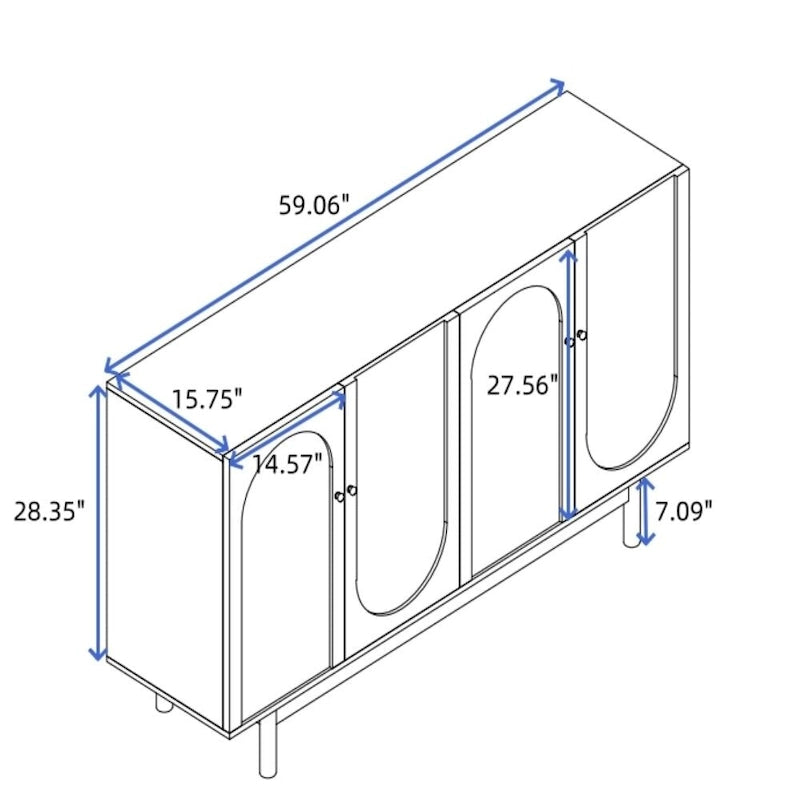 Meuble de rangement Intaglio à 4 portes avec pieds en pin – Blanc, MDF, poignées en bois massif, étagère réglable