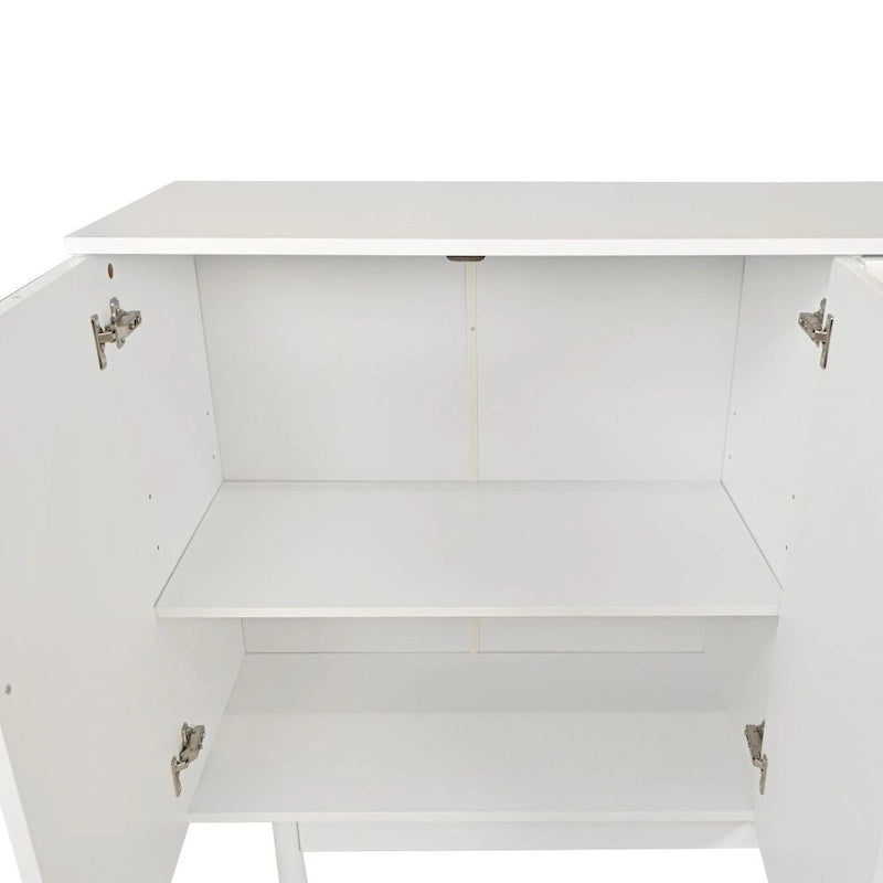 Meuble de rangement Intaglio à 4 portes avec pieds en pin – Blanc, MDF, poignées en bois massif, étagère réglable