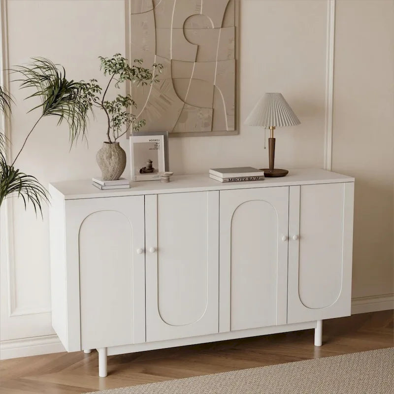 Meuble de rangement Intaglio à 4 portes avec pieds en pin – Blanc, MDF, poignées en bois massif, étagère réglable