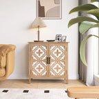 Meuble d'appoint 2 portes en bois sculpté avec placage en bois et pieds en pin – Marron, Panneau de particules, Motif ligne abstrait