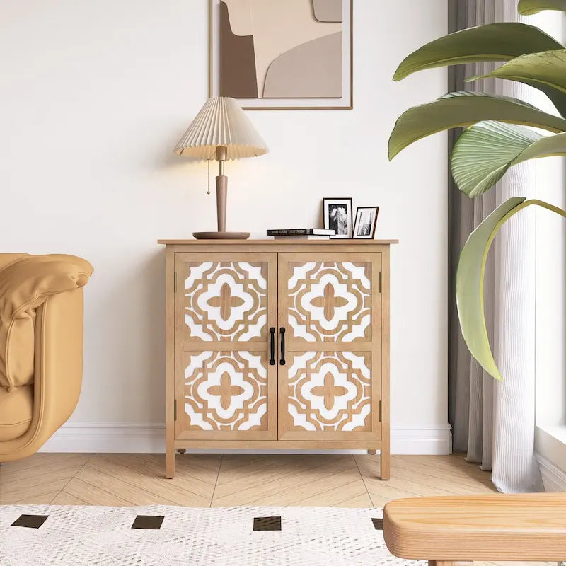 Meuble d'appoint 2 portes en bois sculpté avec placage en bois et pieds en pin – Marron, Panneau de particules, Motif ligne abstrait