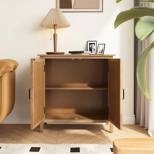 Meuble d'appoint 2 portes en bois sculpté avec placage en bois et pieds en pin – Marron, Panneau de particules, Motif ligne abstrait