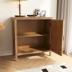 Meuble d'appoint 2 portes en bois sculpté avec placage en bois et pieds en pin – Marron, Panneau de particules, Motif ligne abstrait