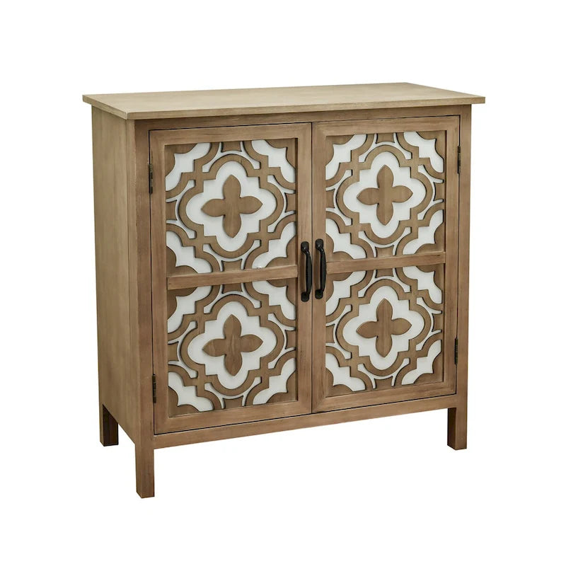 Meuble d'appoint 2 portes en bois sculpté avec placage en bois et pieds en pin – Marron, Panneau de particules, Motif ligne abstrait