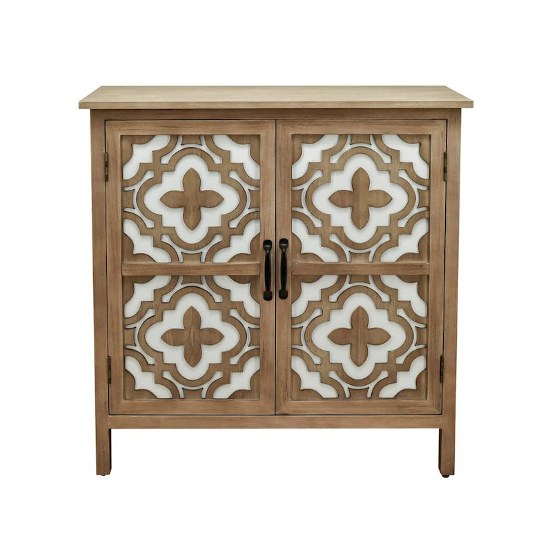 Meuble d'appoint 2 portes en bois sculpté avec placage en bois et pieds en pin – Marron, Panneau de particules, Motif ligne abstrait