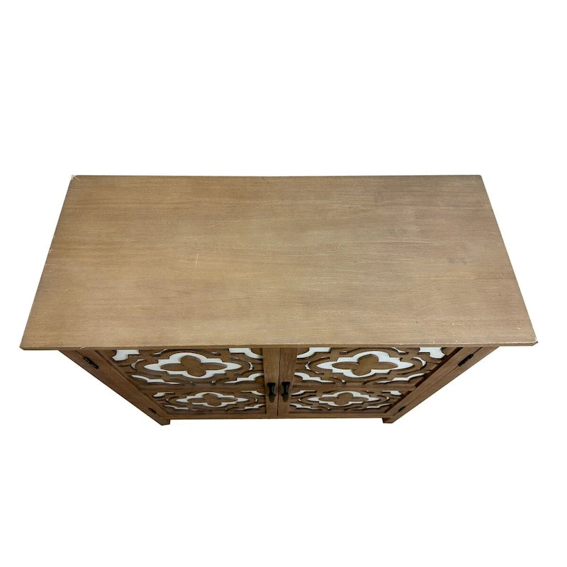 Meuble d'appoint 2 portes en bois sculpté avec placage en bois et pieds en pin – Marron, Panneau de particules, Motif ligne abstrait