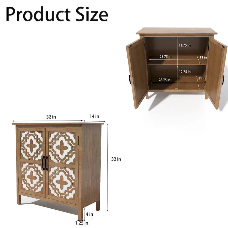 Meuble d'appoint 2 portes en bois sculpté avec placage en bois et pieds en pin – Marron, Panneau de particules, Motif ligne abstrait