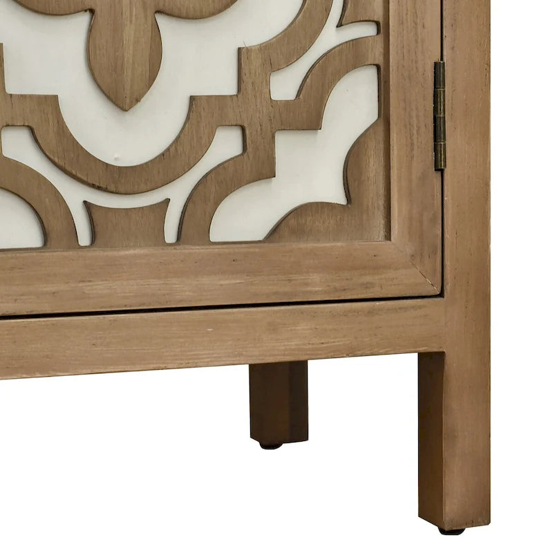 Meuble d'appoint 2 portes en bois sculpté avec placage en bois et pieds en pin – Marron, Panneau de particules, Motif ligne abstrait