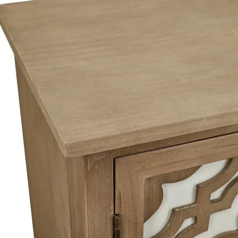 Meuble d'appoint 2 portes en bois sculpté avec placage en bois et pieds en pin – Marron, Panneau de particules, Motif ligne abstrait