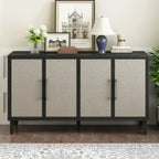 Armoire à linge 4 portes avec étagères réglables – Beige/Noir, MDF et pieds en pin, poignées en métal