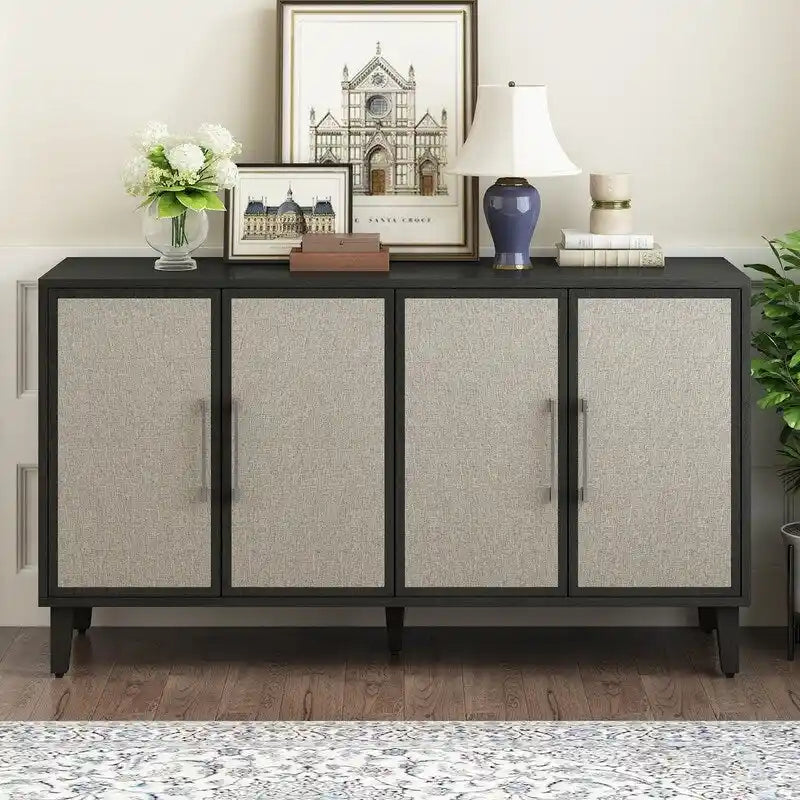Armoire à linge 4 portes avec étagères réglables – Beige/Noir, MDF et pieds en pin, poignées en métal