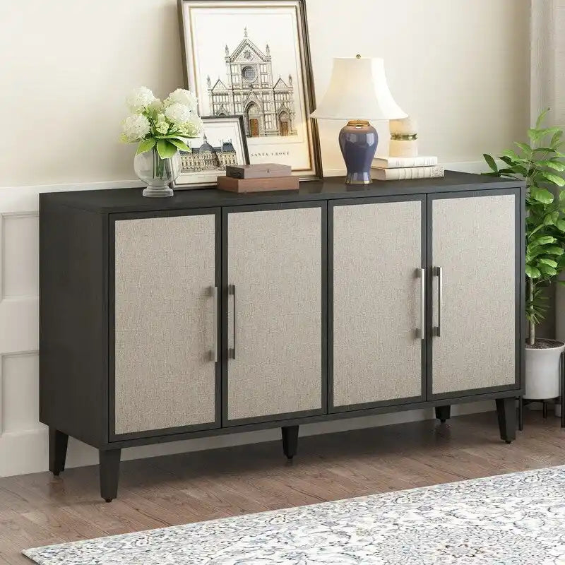 Armoire à linge 4 portes avec étagères réglables – Beige/Noir, MDF et pieds en pin, poignées en métal