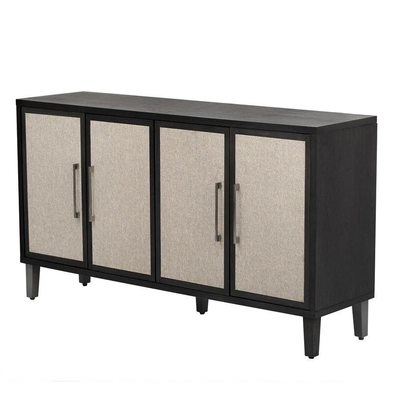Armoire à linge 4 portes avec étagères réglables – Beige/Noir, MDF et pieds en pin, poignées en métal