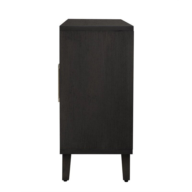 Armoire à linge 4 portes avec étagères réglables – Beige/Noir, MDF et pieds en pin, poignées en métal