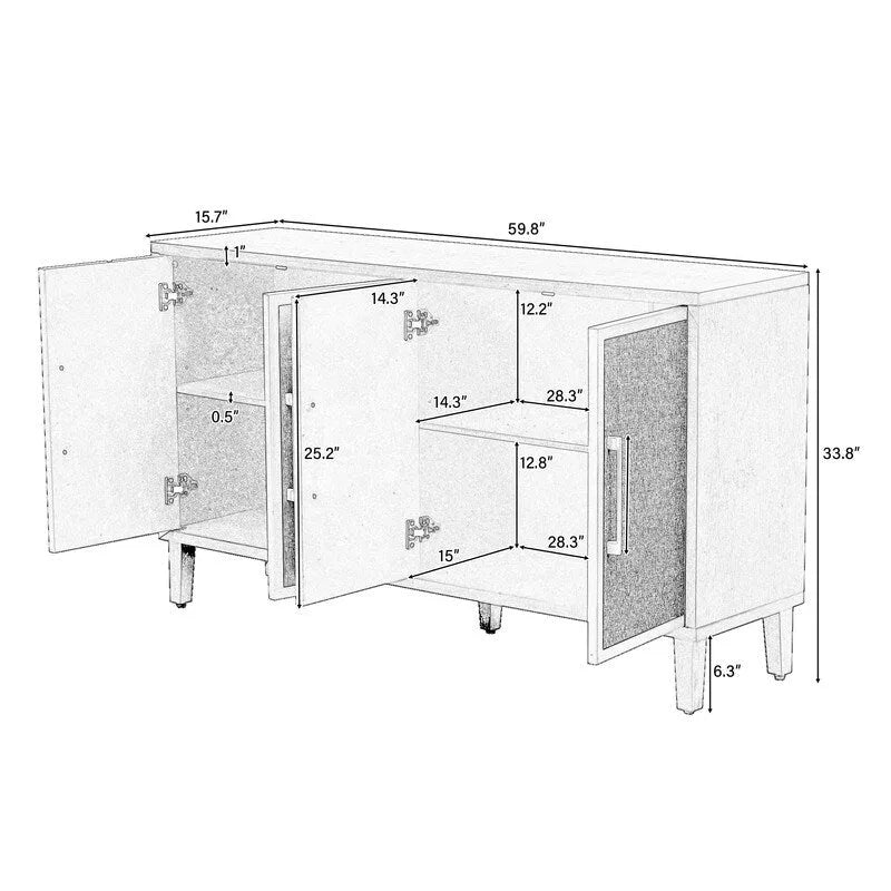 Armoire à linge 4 portes avec étagères réglables – Beige/Noir, MDF et pieds en pin, poignées en métal