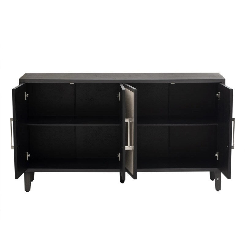 Armoire à linge 4 portes avec étagères réglables – Beige/Noir, MDF et pieds en pin, poignées en métal